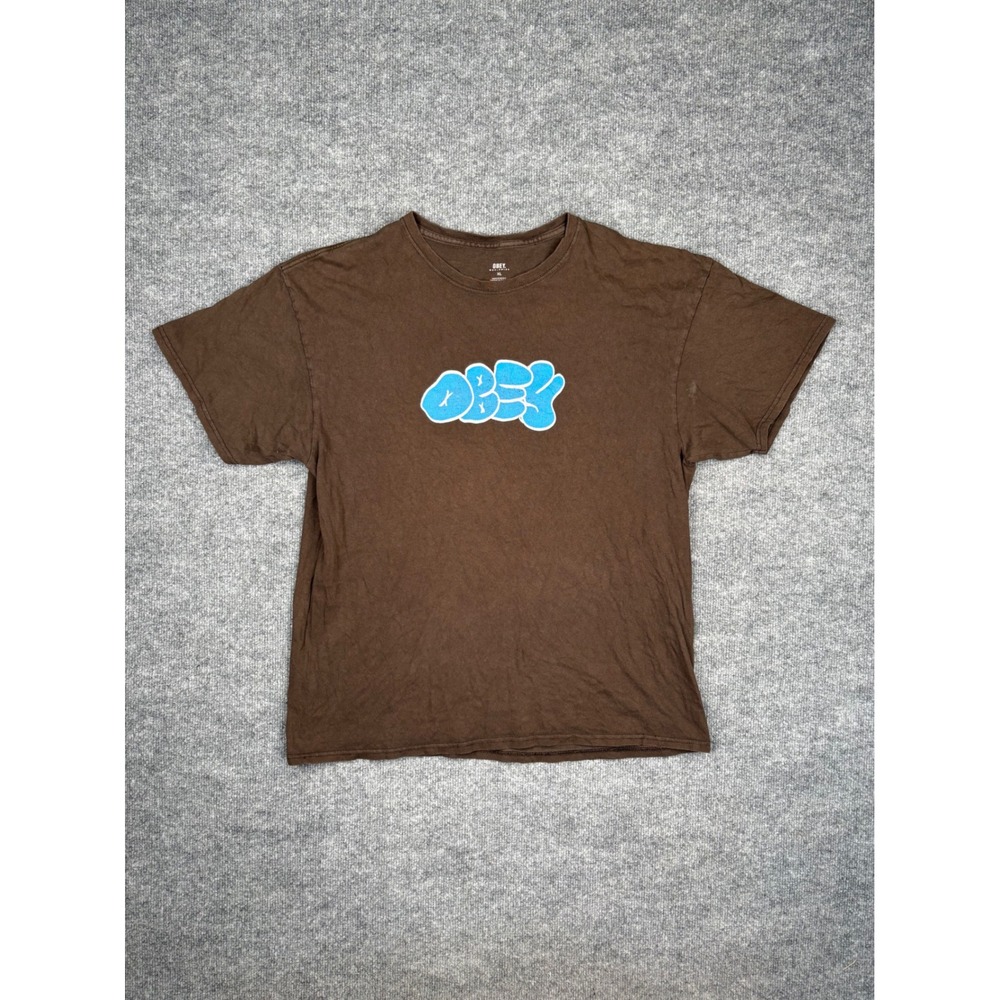 Obey Worldwide Mens XL Brown Graphic T-Shirt Blue Bubble Logo Streetwear Cotton
